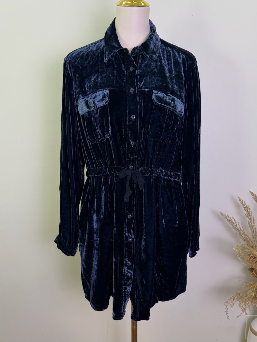 Coldwater Creek Size L (14-16) Silk Blend Velvet Button-Down Tunic Dress Navy